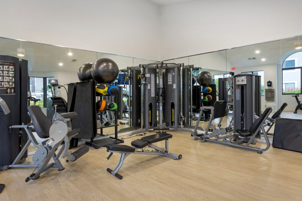 Fitness center with strength training equipment.