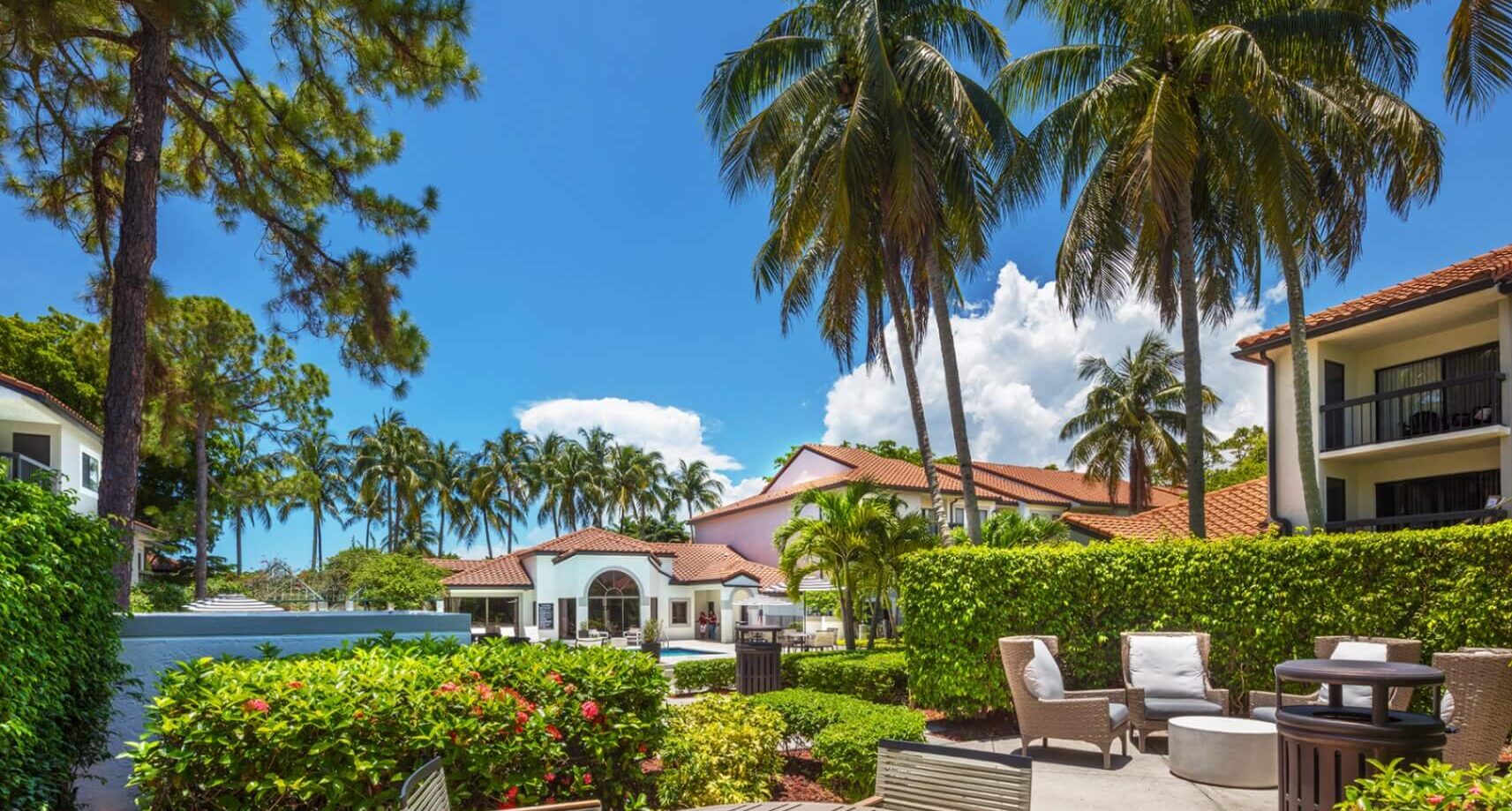 Out door seating areas with table, chairs, and palm trees.